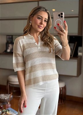 Blusa de Tricô Roma Gola Polo Listrada