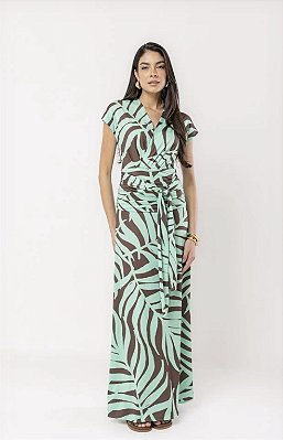 Vestido Longo Franzido Folhagem