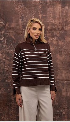 Blusa de Tricô Listrada com Zíper