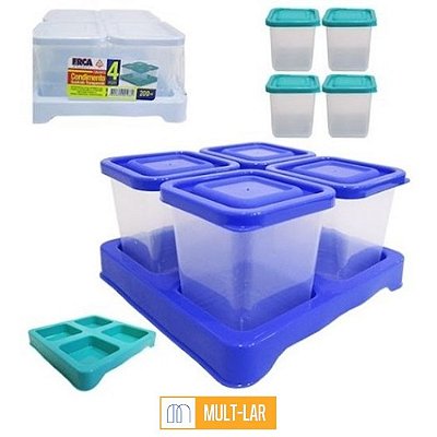 POTES PARA CONDIMENTO QUADRADO TRANSPARENTE 200 ML CONJUNTO COM 4 PEÇAS 2488