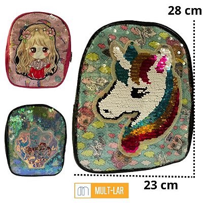 MOCHILA INFANTIL FEMININA PEQUENA COM LANTEJOULA
