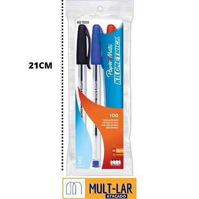 CANETA PAPERMATE KM100 MEDIA AZUL PRETA VERMELHA POUCH COM 3 UNIDADES