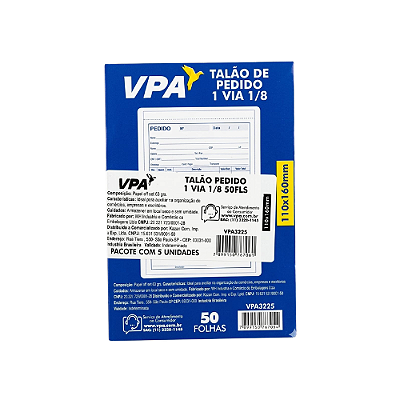TALAO DE PEDIDO 1 VIA 1/8 50FLS PT C/5 KZ3025