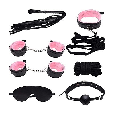 Kit Sado Bondage de Luxo Pelúcia Rosa Com 7 Acessórios