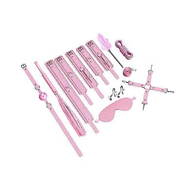 Kit Completo BDSM Com 10 Acessórios Acabamento em Pelúcia Rosa