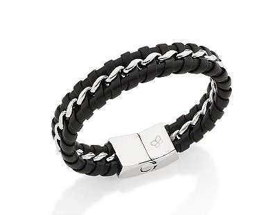 PULSEIRA MASCULINA DE COURO TRANÇADO COM FIO DE AÇO ENTRELAÇADO. MED 20/22CM ROMMANEL 250283