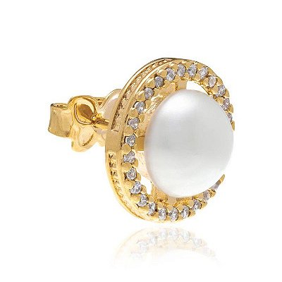BRINCO REDONDO FOLHEADO A OURO COM ZIRCÔNIAS E PÉROLAS. MED 1,20CM ROMMANEL 525720