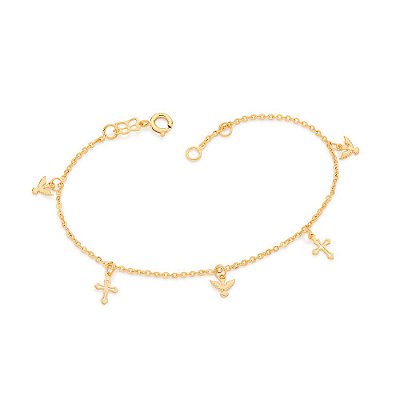PULSEIRA FOLHEADO A OURO COM PINGENTES ESPÍRITO SANTO E CRUZ. MED 19CM ROMMANEL 551724
