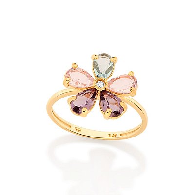 ANEL FOLHEADO A OURO FLOR COLORIDO ROMMANEL 513011