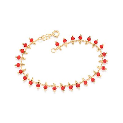 PULSEIRA FOLHEADO A OURO COM MIÇANGAS VERMELHO. MED 18CM ROMMANEL 551738