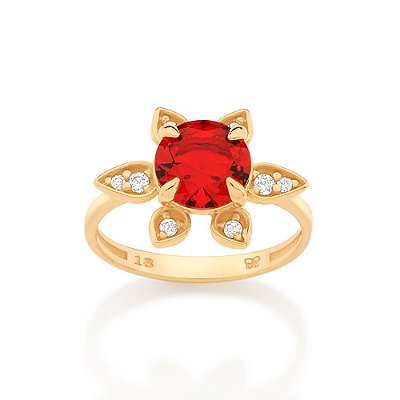 ANEL FLOR FOLHEADO A OURO COM CRISTAL VERMELHO ROMMANEL 513014