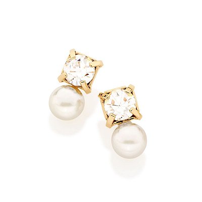 BRINCO QUADRADO FOLHEADO A OURO COM CRISTAIS E PÉROLA. MED 1,2CM ROMMANEL 524077