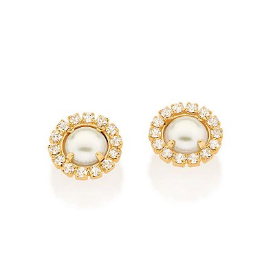 BRINCO FOLHEADO A OURO CRISTAIS COM PÉROLA. MED 1,3CM ROMMANEL 524288