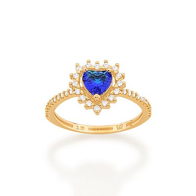 ANEL SOLITÁRIO FOLHEADO A OURO CORAÇÃO COM CRISTAL AZUL ROMMANEL 512971