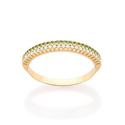 MEIA ALIANÇA FOLHEADO A OURO COM ZIRCÔNIAS BRANCO COM VERDE ROMMANEL 513085