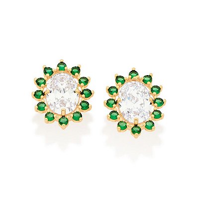 BRINCO BOTÃO FOLHEADO A OURO COM ZIRCÔNIAS BRANCO E VERDE. MED 2,3CM ROMMANEL 526792