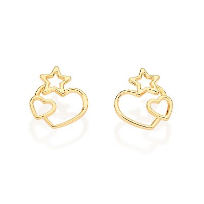 BRINCO FOLHEADO A OURO CORAÇÃO COM ESTRELA VAZADO. MED 1CM ROMMANEL 526801