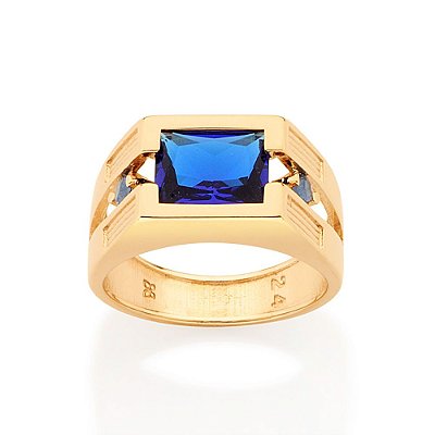 ANEL MASCULINO FOLHEADO A OURO COM CRISTAL AZUL ROMMANEL 513079