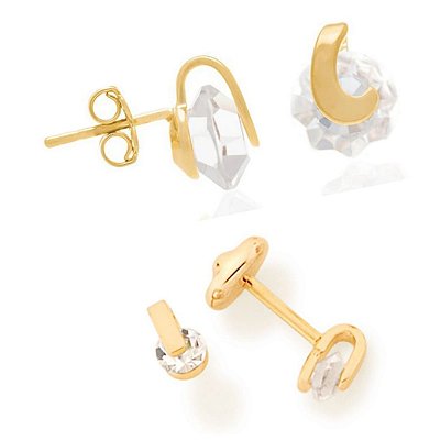 KIT BRINCOS FOLHEADO A OURO CRISTAL BRANCO/PRETO ROMMANEL