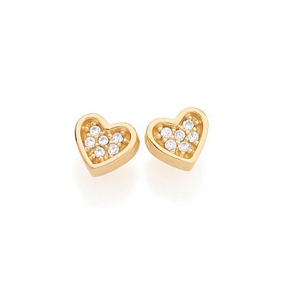 BRINCO FOLHEADO A OURO CORAÇÃO COM ZIRCÔNIAS. MED 1CM ROMMANEL 525282