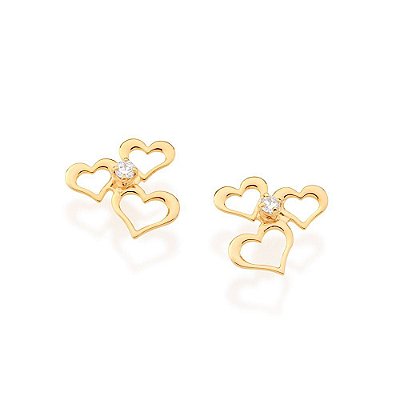 BRINCO FOLHEADO A OURO CORAÇÕES COM ZIRCÔNIAS. MED 1,10CM ROMMANEL 525569