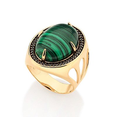 ANEL FOLHEADO A OURO CRISTAIS E ZIRCÔNIAS PRETO COM VERDE ROMMANEL 513206