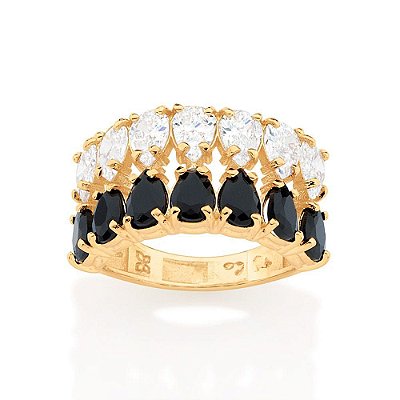 ANEL FOLHEADO A OURO COM ZIRCÔNIAS E CRISTAIS PRETO ROMMANEL 513239
