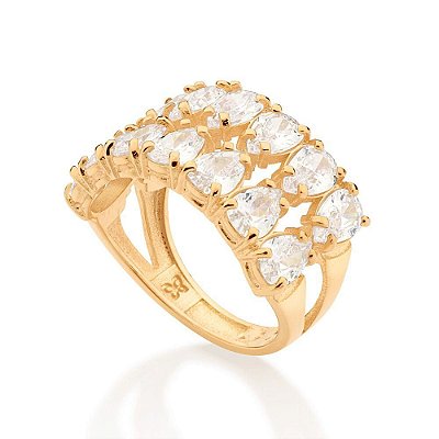 MAXI ANEL FOLHEADO A OURO ARO DUPLO COM ZIRCÔNIAS GOTAS ROMMANEL 513256