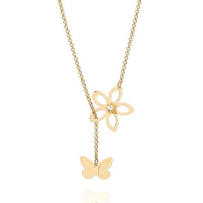COLAR GRAVATA FOLHEADO A OURO FLOR E BORBOLETA. MED 50CM ROMMANEL 531162