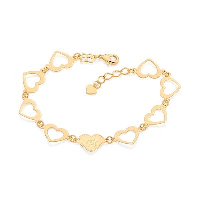 PULSEIRA FOLHEADO A OURO CORAÇÃO FÉ. MED 19CM ROMMANEL 552022