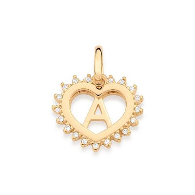 PINGENTE FOLHEADO A OURO CORAÇÃO COM LETRA E ZIRCÔNIAS. MED 2CM ROMMANEL 542629