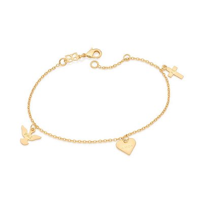 PULSEIRA FOLHEADO A OURO PINGENTES PAZ, AMOR E FÉ. MED 19CM ROMMANEL 552041