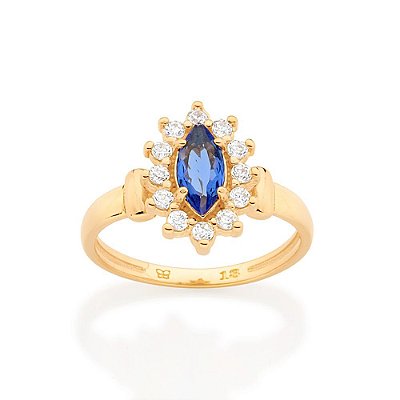 ANEL DE FORMATURA FOLHEADO A OURO COM ZIRCÔNIAS E CRISTAL BRANCO COM AZUL ROMMANEL 513286