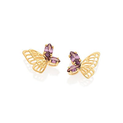 BRINCO FOLHEADO A OURO BORBOLETA COM ZIRCÔNIA LILÁS. MED 1,3CM ROMMANEL 527074