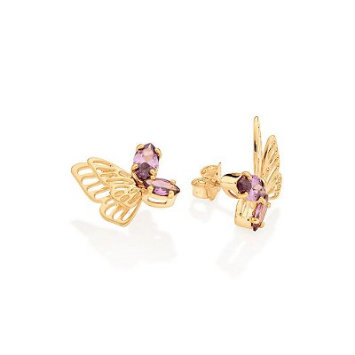 BRINCO FOLHEADO A OURO BORBOLETA COM ZIRCÔNIA LILÁS. MED 1,3CM ROMMANEL 527074