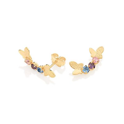 BRINCO FOLHEADO A OURO BORBOLETAS COM ZIRCÔNIAS COLORIDAS. MED 1,9CM ROMMANEL 527067