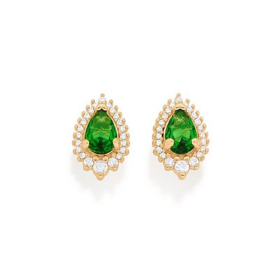 BRINCO GOTA FOLHEADO A OURO COM ZIRCÔNIAS BRANCO COM VERDE. MED 1,2CM ROMMANEL 527069
