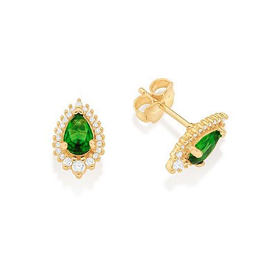 BRINCO GOTA FOLHEADO A OURO COM ZIRCÔNIAS BRANCO COM VERDE. MED 1,2CM ROMMANEL 527069