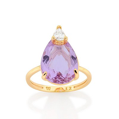 ANEL FOLHEADO A OURO GOTA DE CRISTAL LILÁS ROMMANEL 513332
