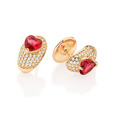 BRINCO FOLHEADO A OURO COM ZIRCÔNIA E CRISTAL CORAÇÃO ROSA. MED 1,4CM ROMMANEL 527169