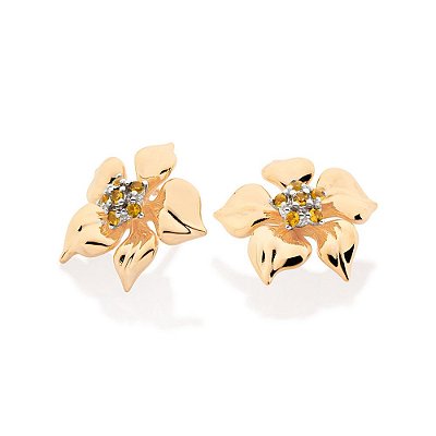 BRINCO FLOR FOLHEADO A OURO COM ZIRCÔNIAS E APLIQUE DE RHODIUM AMARELO. MED 1,9CM ROMMANEL 527170