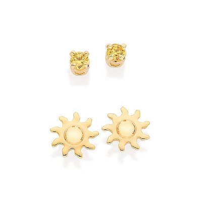 KIT BRINCOS FOLHEADO A OURO SOL COM ZIRCÔNIA AMARELO ROMAMNEL 527177