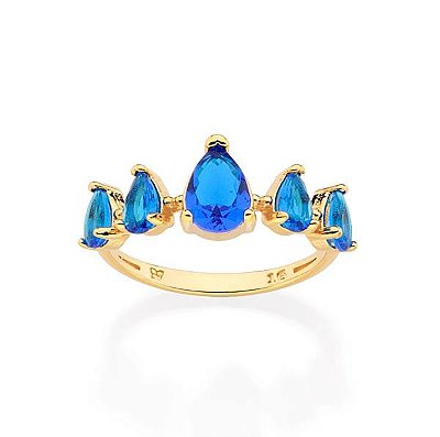 ANEL SKINNY FOLHEADO A OURO COM CRISTAIS AZUL ROMMANEL 513410
