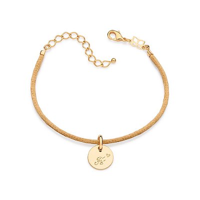 PULSEIRA FOLHEADO A OURO TE DEDICO COM FIO ACETINADO AMARELO E PINGENTE FÉ. MED 20CM ROMMANEL 552116