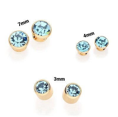TRIO DE BRINCOS FOLHEADO A OURO CRISTAL AZUL/ROSA ROMMANEL