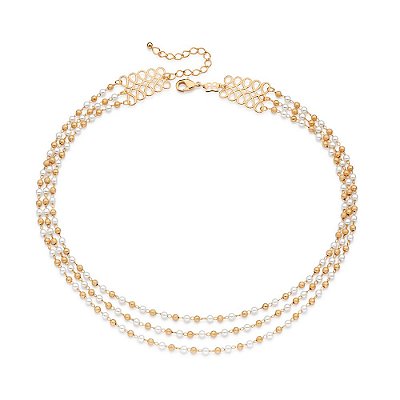 COLAR TRIPLO FOLHEADO A OURO COM PÉROLAS E ESFERAS. MED 45CM ROMMANEL 532508