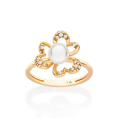 ANEL FOLHEADO A OURO FLOR COM PÉROLA ROMMANEL 513436