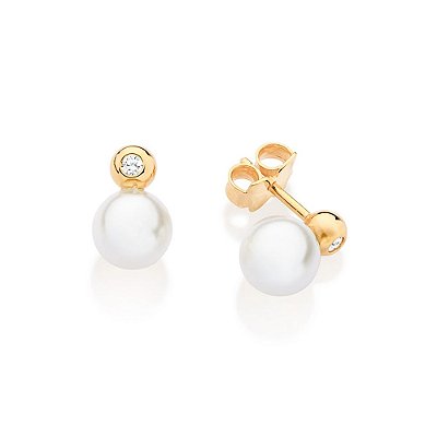 BRINCO FOLHEADO A OURO COM PÉROLA E ZIRCÔNIA. MED 1,1CM ROMMANEL 527239