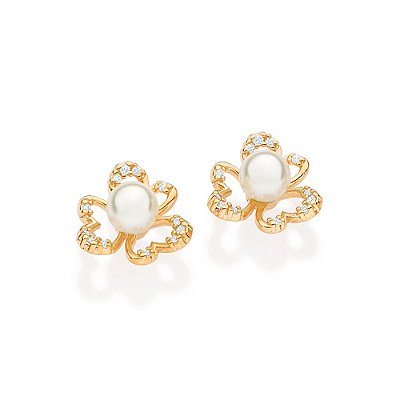 BRINCO FLOR FOLHEADO A OURO COM ZIRCÔNIAS E PÉROLA. MED 1,3CM ROMMANEL 527240