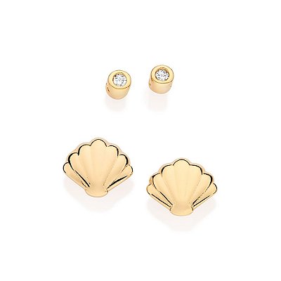 KIT BRINCOS FOLHEADO A OURO CONCHA COM ZIRCÔNIA ROMMANEL 527295